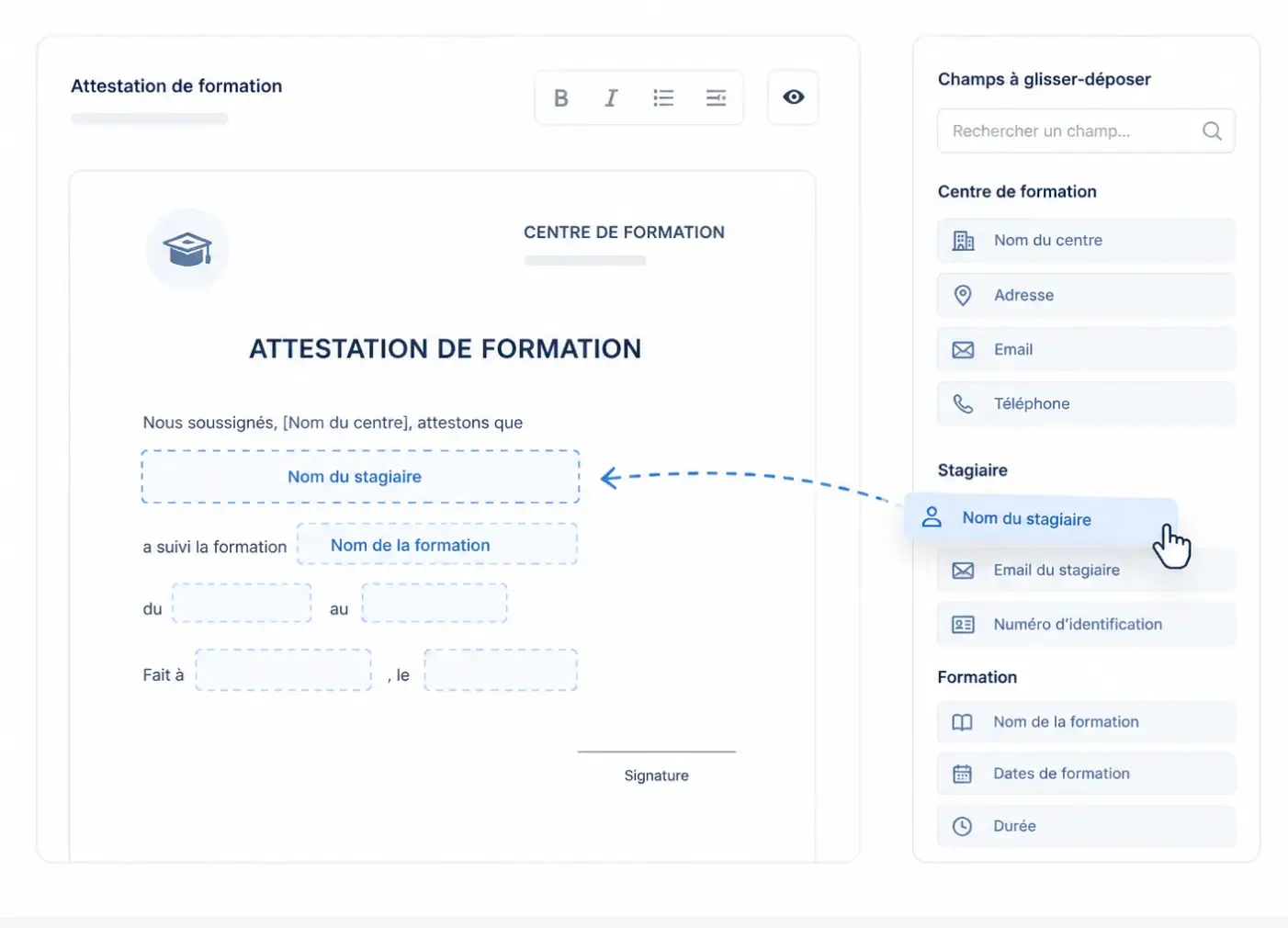 Personnalisez toute l'interface et tous les documents et tous les vues pour dans votre outil de gestion pour votre centre de formation français.